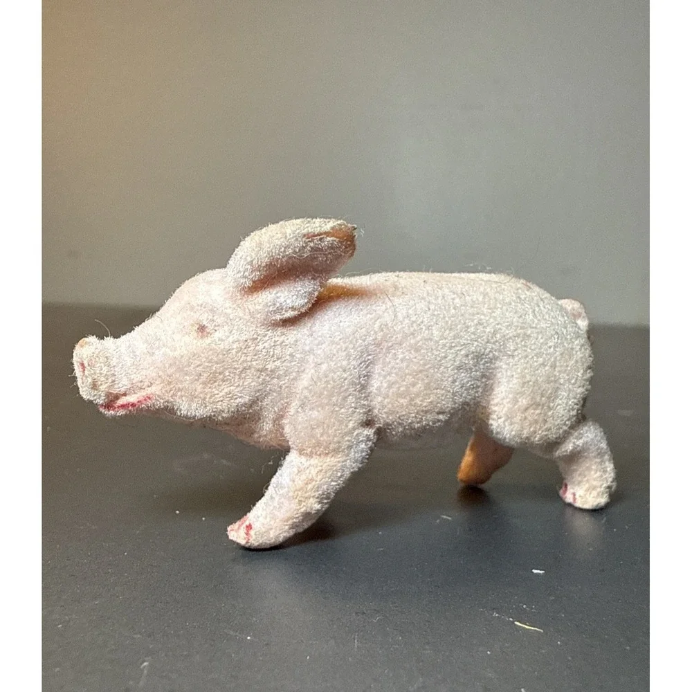 Vintage Flocked Pig Miniature Figurine Farm Animal Japan Kitsch 2.5